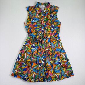 Willa Story Colorful Print Dress‎ Sleeveless Tie Waist Casual Mini Pockets S